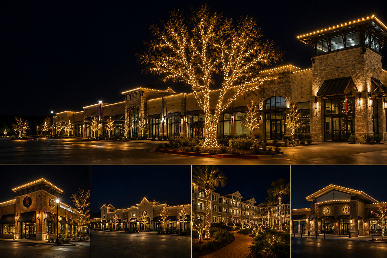 Commercial and Retail Rooftop lighting and Tree Wrapping holiday lighting
